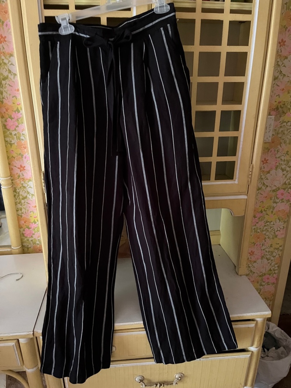 a new day Black Wide-Leg Pinstripe Pants with White Stripes M